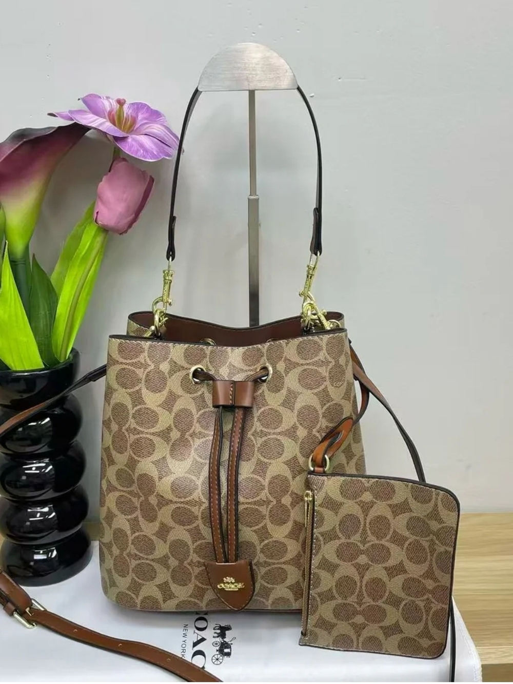 Brown Signature Canvas Drawstring Bucket Bag with Matching Pouch